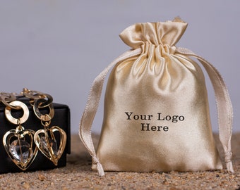Set of 100 Beige Satin Custom Jewelry Packaging Pouch, Drawstring Satin Pouch, Small Cosmetic bag, Earnings pouch