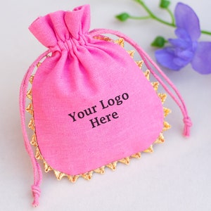 100 Bolsas personalizadas com cordão e logotipo da marca rosa, bolsa para embalagem de joias personalizada, pulseiras, anéis, bolsas para embalagem de colares - Frete grátis