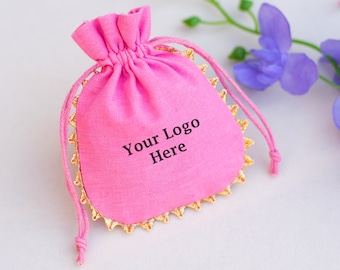 100 Pink Personalized Brand Logo Drawstring Pouch Custom jewelry Packaging Bag Bracelet, Rings, Necklace Packaging Pouches - Free Shipping