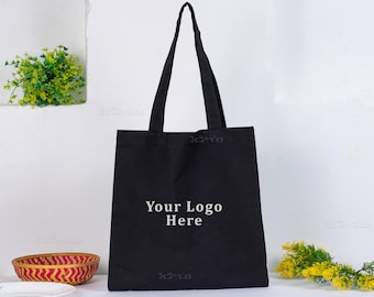 25 Black Shopping Bag With Logo, Cotton Tote Bag Personalized Logo Print Tote Bag, Woman Shoulder Bag, Eco Friendly Reusable Bag,