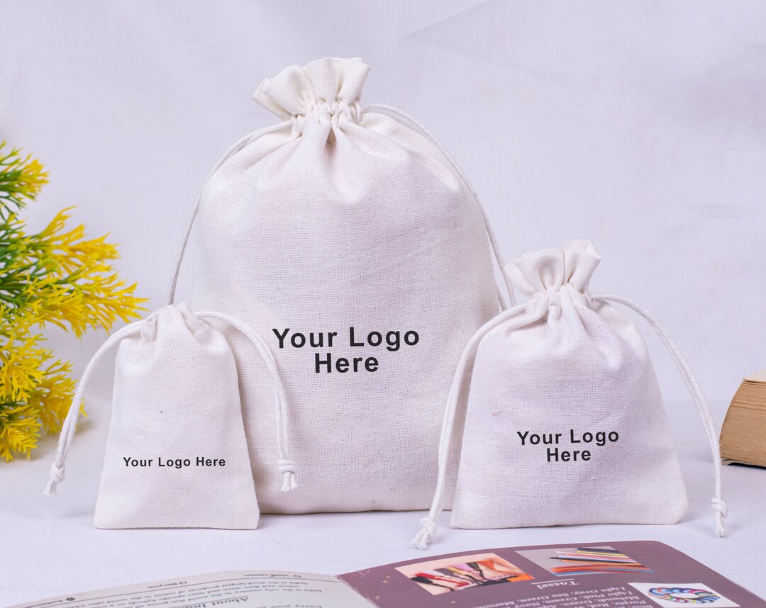 Set of 100 White Cotton Drawstring Pouches: Custom Logo Jewelry ...