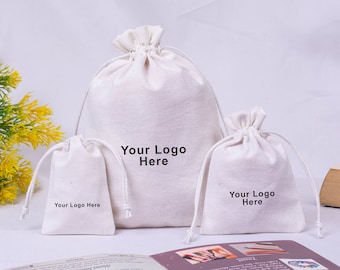 Set of 100 White Cotton Drawstring Pouches: Custom Logo Jewelry Packaging
