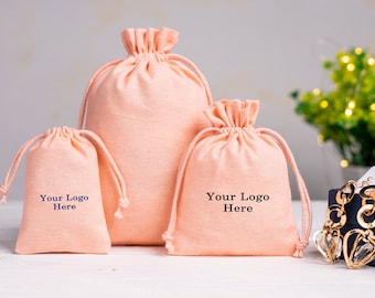 Peach Cotton Drawstring Pouches, Bulk Favor Bags, Jewelry Packaging, Custom Logo (100 pcs)