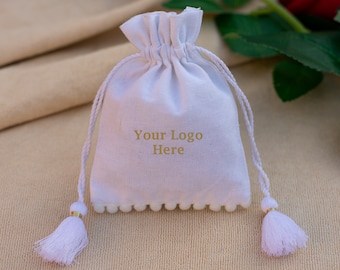 100 Designer White Custom Jewelry Packaging Pouch Bags, Personalized Logo Small Pouches, Gift Favor Bags