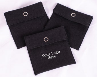 50 Black Cotton Jewelry Packaging Pouch, Coin Pouch, Small Necklace Bag, Ring Pouch | Custom Brand Logo Print | Button Flap Closure