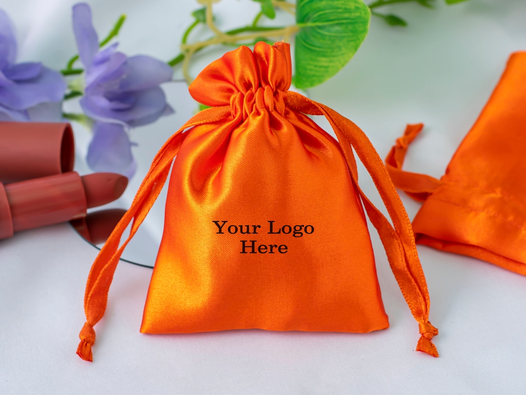 100 Satin Drawstring Pouch With Logo Custom Wedding Favor Bag Orange ...