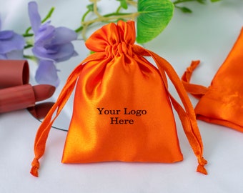 100 Satin Drawstring Pouch With Logo Custom Wedding Favor Bag Orange Satin Jewelry Packaging Small Bag - Free Shipping