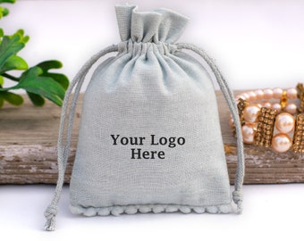 100 Gray Personalized Cotton Drawstring Pouch Custom Jewelry Packaging Wedding Favor Bag - Free Shipping