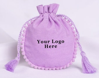 100 sachets violets en coton avec logo, pochette d’emballage de bijoux à cordon de serrage, sac cadeau en vrac, sacs de faveur personnalisés - Livraison gratuite