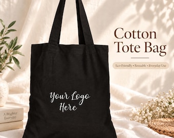 Set Of 25 Custom Black Cotton Tote Bag with Logo, Personalized Reusable Shopping Bag, Bulk Business Tote