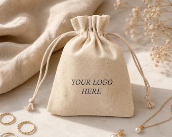 100 Natural Cotton Drawstring Bags, Custom Logo Pouches, Wedding Favor Packaging, Personalize Jewelry Package Pouch