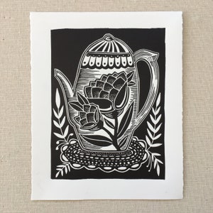 Teapot with Flowers 8"x10" black and white lino cut relief print