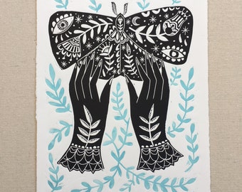 Moth and Victorian Hands 11"x14" two colour lino cut print