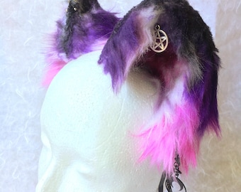 Witchy paarse oren, pendaten pendaten en maanoorbellen, oren van imitatiebont, harige oren, wolf, hond, beer, kat, cosplay-oren, anime-oren