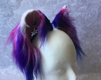 Roze paarse Witchy-oren met hangers, oren van imitatiebont, harige oren, kat, vos, wolf, hond, cosplay-oren, anime-oren