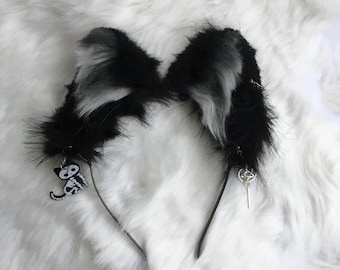 Zwarte oren met snuisterijen, oren van imitatiebont, harige oren, hond, wolf, kat, skeletkat, pentagram, cosplay-oren, anime-oren