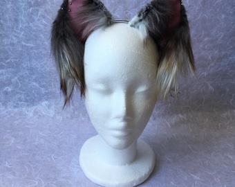 Grijze oren met piercings, oren van imitatiebont, harige oren, kat, hond, wolf, vos, hyena, cosplay-oren, anime-oren