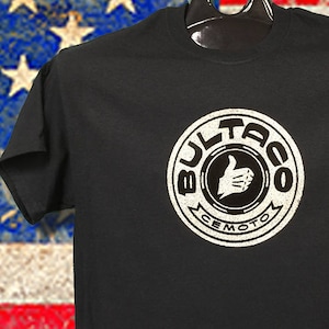 Bultaco Vintage MX. Printed in the 80&#39;s this transfer never sold and stored away over 30 years. Printed on a New Black 100% All Sizes cemoto