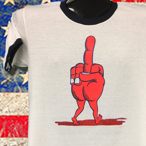 Rats Hole original The Finger Printed in the 70's this transfer was never sold and stored away over 40 years. Printed on a New Navy Ringer.