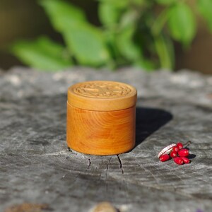 Pu&ograve; includere: Una piccola scatola di legno con un design ad albero intagliato sul coperchio. La scatola &egrave; appoggiata su una superficie grigia e consumata. Un anello e un gruppo di bacche rosse sono in primo piano.