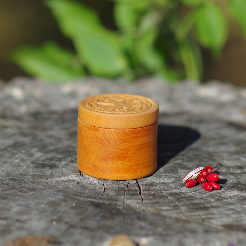 Pu&ograve; includere: Una piccola scatola di legno con un design ad albero intagliato sul coperchio. La scatola &egrave; appoggiata su una superficie grigia e consumata. Un anello e un gruppo di bacche rosse sono in primo piano.