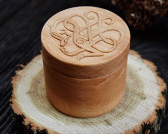 Hand carved wooden ring box with lid Wedding viking engagement ring box Personalized gift for her him Celtic women ornament round Small urn