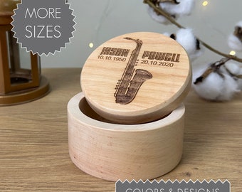 Music lover urn for human ashes Wooden keepsace Musicsan cremation box Saxophone Tube Guitar Cello Violin Double bass Synthesizer