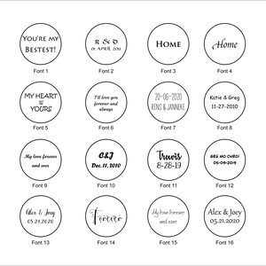 Pu&ograve; includere: Un grafico che mostra 16 diversi font con esempi di testo in ogni font. I font sono etichettati con i numeri da 1 a 16. Gli esempi di testo includono frasi come "You're my bestest!" e "My heart is yours".