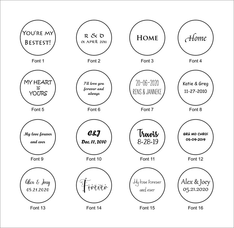 Pu&ograve; includere: Un grafico che mostra 16 diversi font con esempi di testo in ogni font. I font sono etichettati con i numeri da 1 a 16. Gli esempi di testo includono frasi come "You're my bestest!" e "My heart is yours".