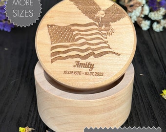 American flag and eagle wooden urn for human ashes Patriotic urns Personalized memorial box Cremation keepsake Military urn Small size Full