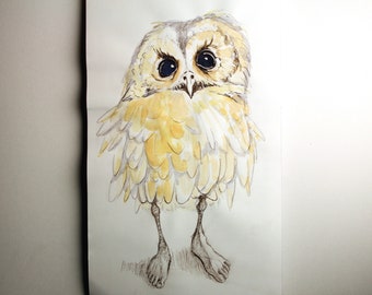 Original pencil and watercolour drawing of owl-person