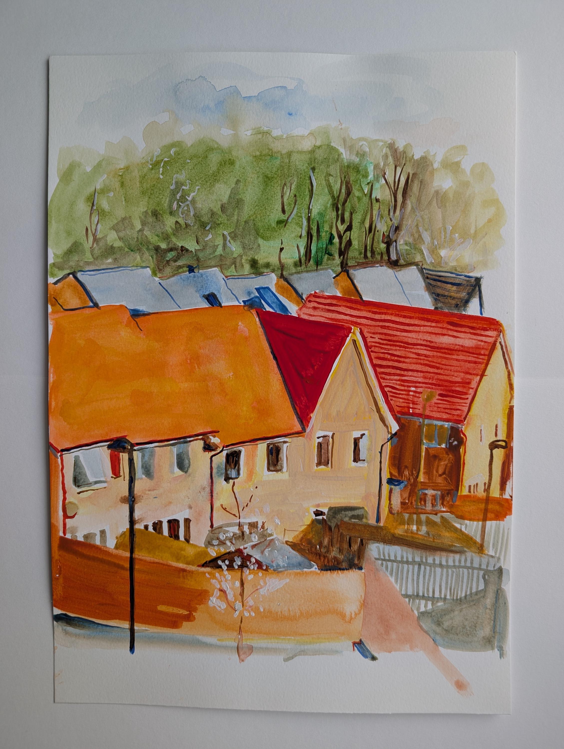 Original drawing 'Spring Rooftops' in gouache on heavyweight A3 paper, 2024