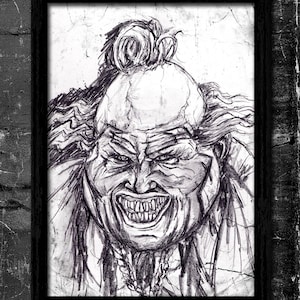 May include: A framed black and white pencil sketch of a menacing figure with a wide, toothy grin. The artwork features detailed shading and a textured background, creating a dramatic effect. The frame is black.