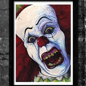 Puede incluir: Una pintura de cerca de un payaso con una nariz roja y una boca abierta de par en par mostrando los dientes. El payaso tiene una cara blanca con sombras azules y moradas. El pelo del payaso es rojo y el fondo es rojo.