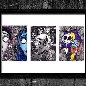 Tim Burton Triptych Pt 1 - A6/A5/A4/A3 Signed Art Print Set (Inspired by Tim Burton films/characters)