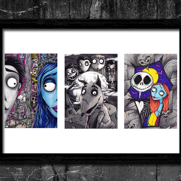 Tim Burton Triptych Pt 1 - A6/A5/A4/A3 Signed Art Print Set (Inspired by Tim Burton films/characters)