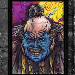 May include: A colorful, hand-drawn illustration of a creepy clown with a blue face, sharp teeth, and a wild hairstyle. The background is a mix of purple, yellow, and green.