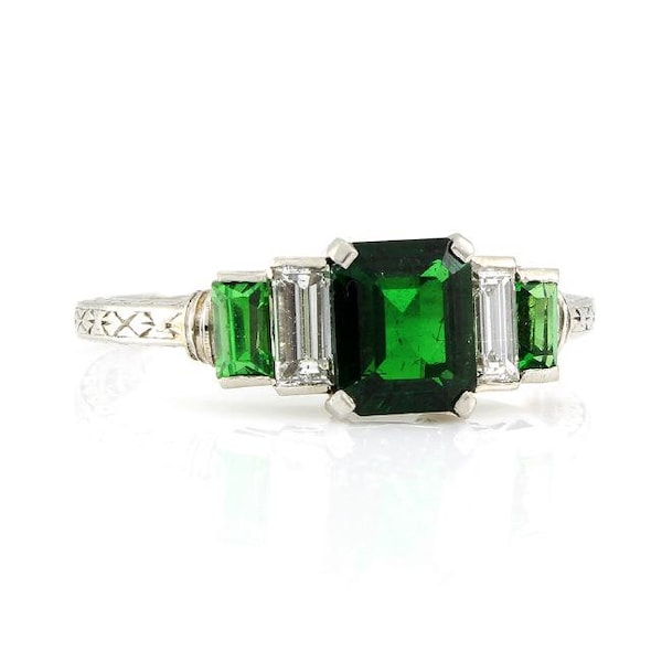 Tiffany and Co 1.60 Carat Emerald Cut Tsavorite Platinum Three-Stone Ring