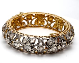 18k Yellow Gold Bangle Bracelet With 16.81 Carat Round & Rose Cut X I1 Diamonds