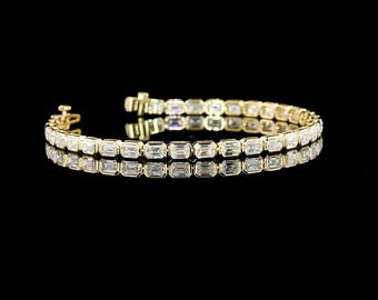 Lab-Grown 6.14 Carat Emerald E-Vs1 Diamond 14k Yellow Gold Tennis Bracelet