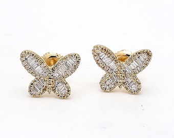 0.70 Carat Baguette Shape H-VS2 Diamond 14 Karat Yellow Gold Butterfly Earring