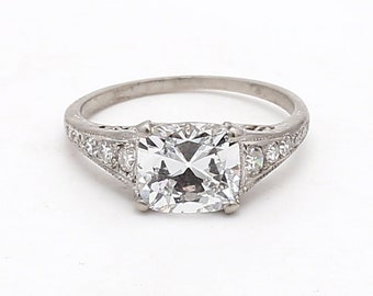 Antique 2.21 Carat Cushion Brilliant and Old European Diamond Platinum Art Deco Ring