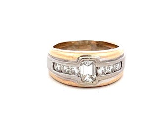 0.76 Carat Emerald Cut and Round Diamond 18 Karat Two Tone Gold Band Ring