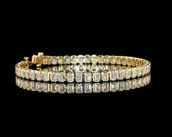 Lab-Grown 6.39 Carat Emerald F-Vs1 Diamond 14k Yellow Gold Tennis Bracelet
