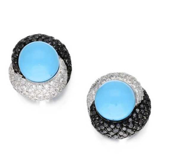 18K White Gold, Turquoise, Diamond and Black Diam… - image 1