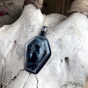 May include: A silver pendant in the shape of a coffin with a dark blue stone inside. The pendant is hanging from a silver chain and is resting on a white animal skull.