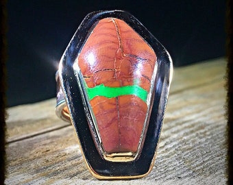 Coffin Ring w/Skull Springs Rhyolite and Phosphorescent Glowing Inlay