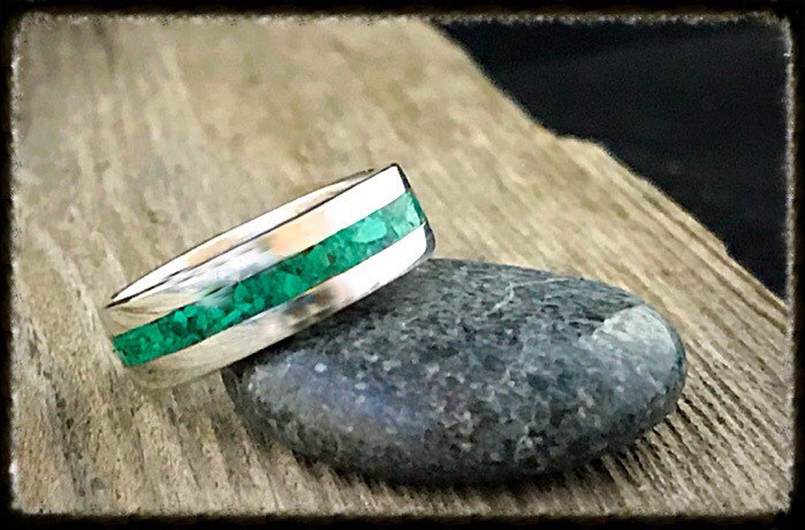 Unisex Wedding Band W/malachite and Apple Green Jade Inlay Etsy