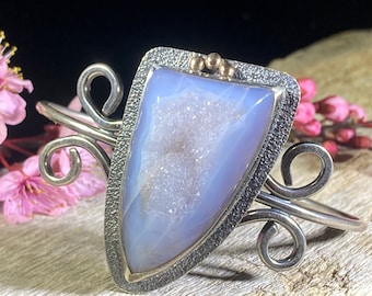 RARE Holley Blue Druzy Agate Bracelet Set In Sterling Silver and 14k Gold