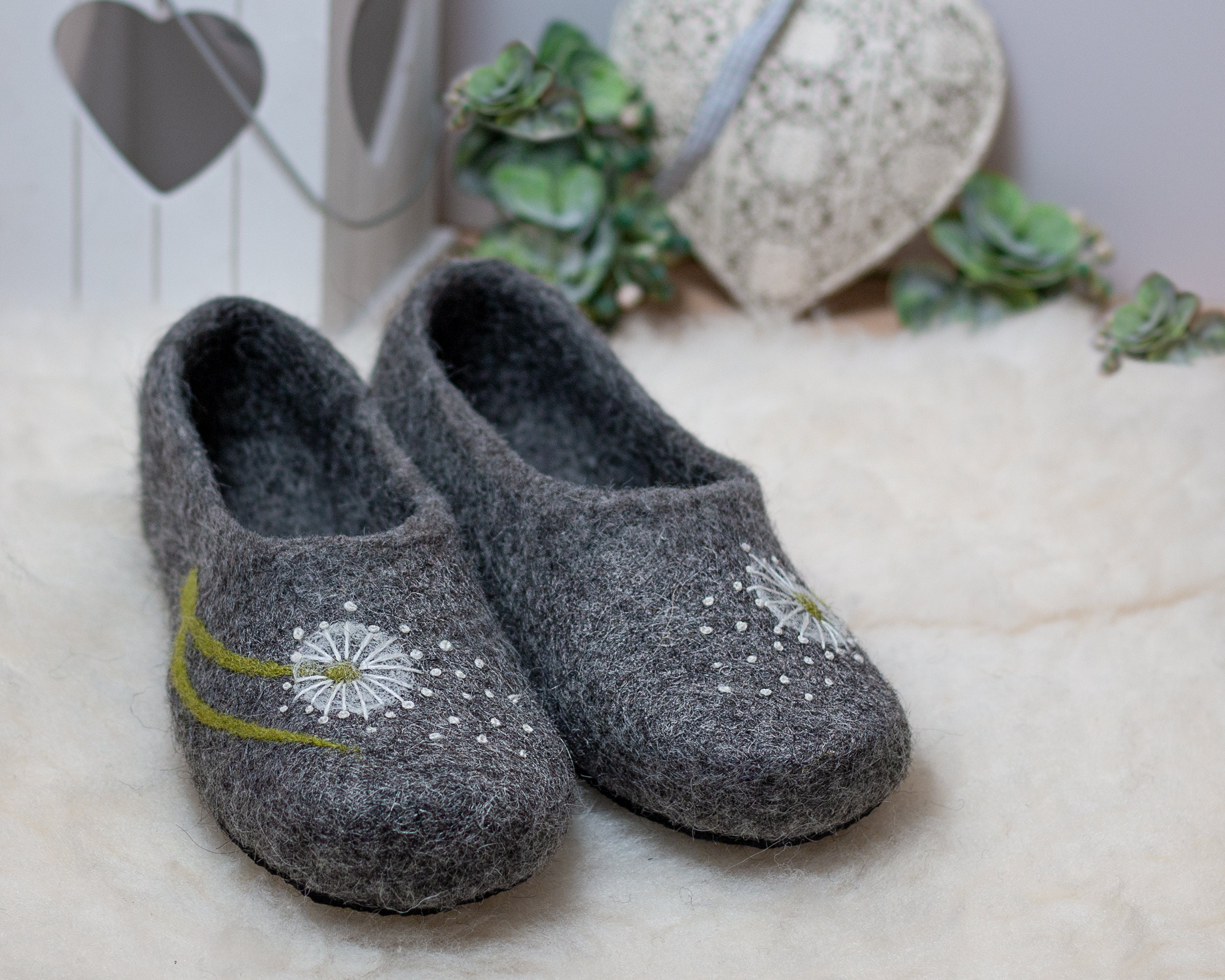 Ecofriendly woolen slippers for women with dandelion flower Etsy